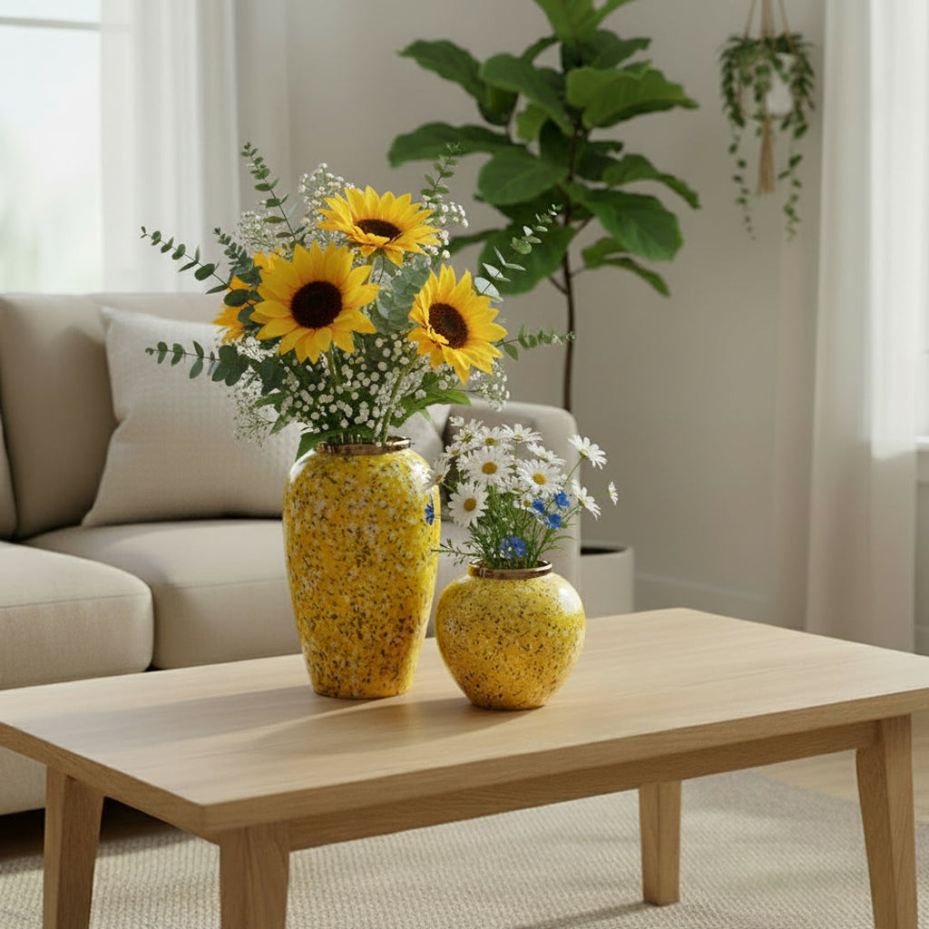 SOGA Home & Living Set – Gelbe und weiße Mini-Keramikvasen mit Blumenmotiv für elegante Wohndekoration