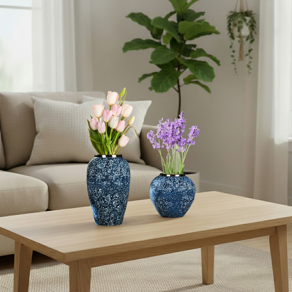 SOGA Home & Living Set – Blaue und weiße Mini-Keramikvasen mit Blumenmuster für elegante Wohndekoration