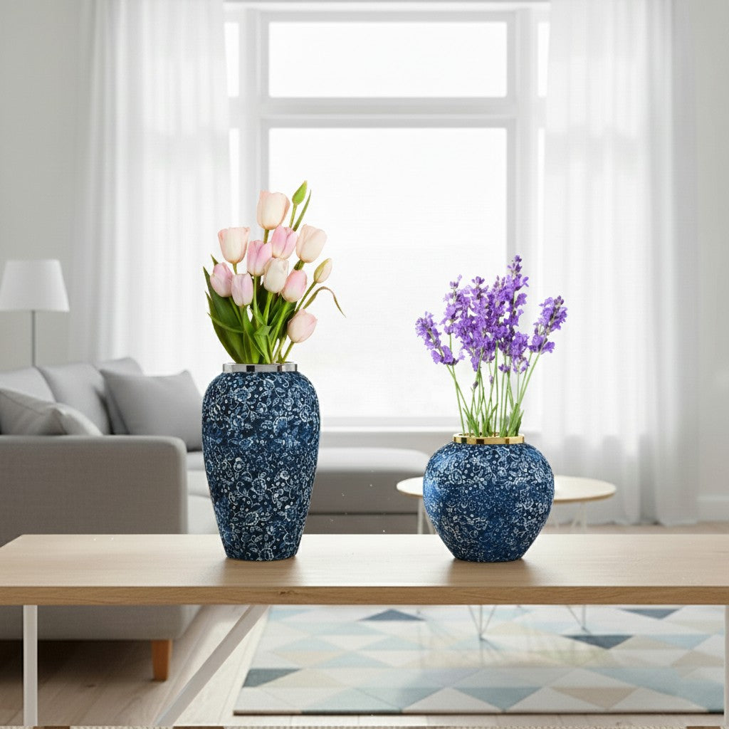 SOGA Home & Living Set – Blaue und weiße Mini-Keramikvasen mit Blumenmuster für elegante Wohndekoration