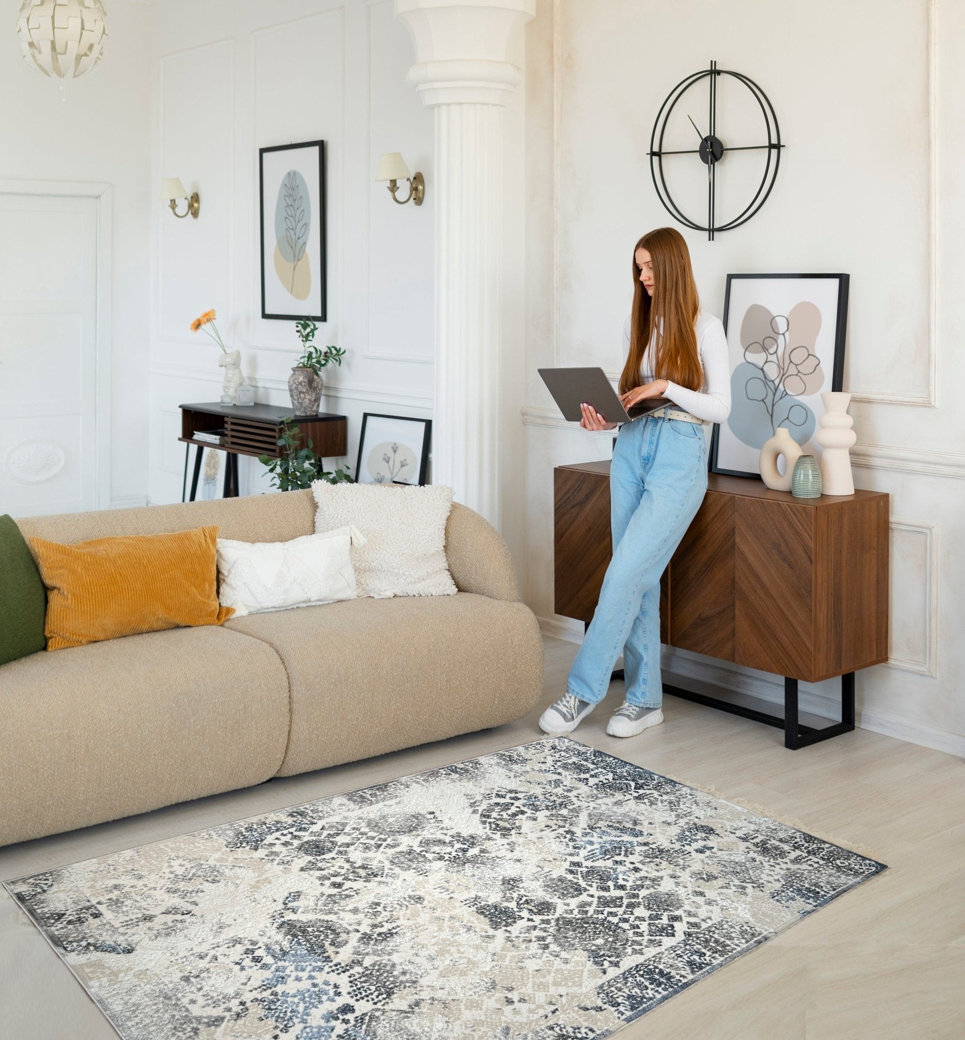 Canvello Premium-Teppich für Wohnzimmer, Schlafzimmer und Esszimmer – in Elfenbein, Grau, Beige und Blau