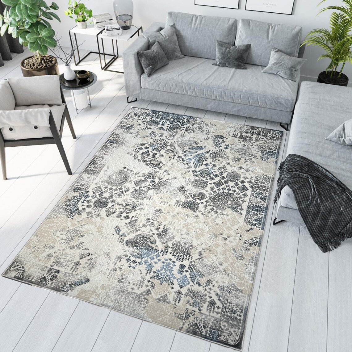 Canvello Premium-Teppich für Wohnzimmer, Schlafzimmer und Esszimmer – in Elfenbein, Grau, Beige und Blau