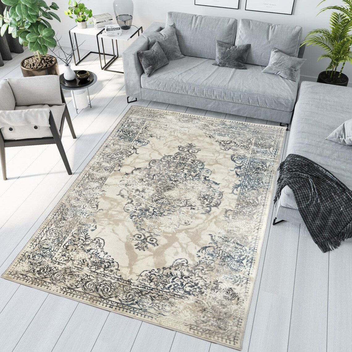 Canvello Premium-Teppiche für Wohnzimmer, Schlafzimmer und Esszimmer – Wohnteppiche in Elfenbein, Grau, Beige und Blau